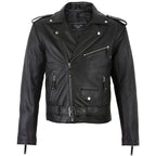 Men's Belted Cross Zip Brando Biker Black Leather Jacket