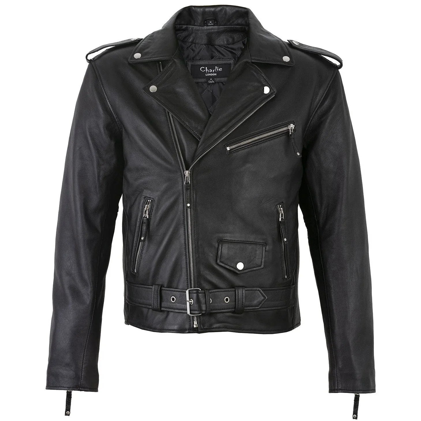 Men's Belted Cross Zip Brando Biker Black Leather Jacket