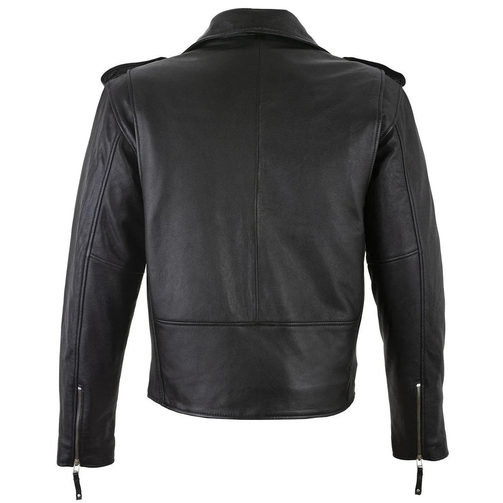 Men's Belted Cross Zip Brando Biker Black Leather Jacket