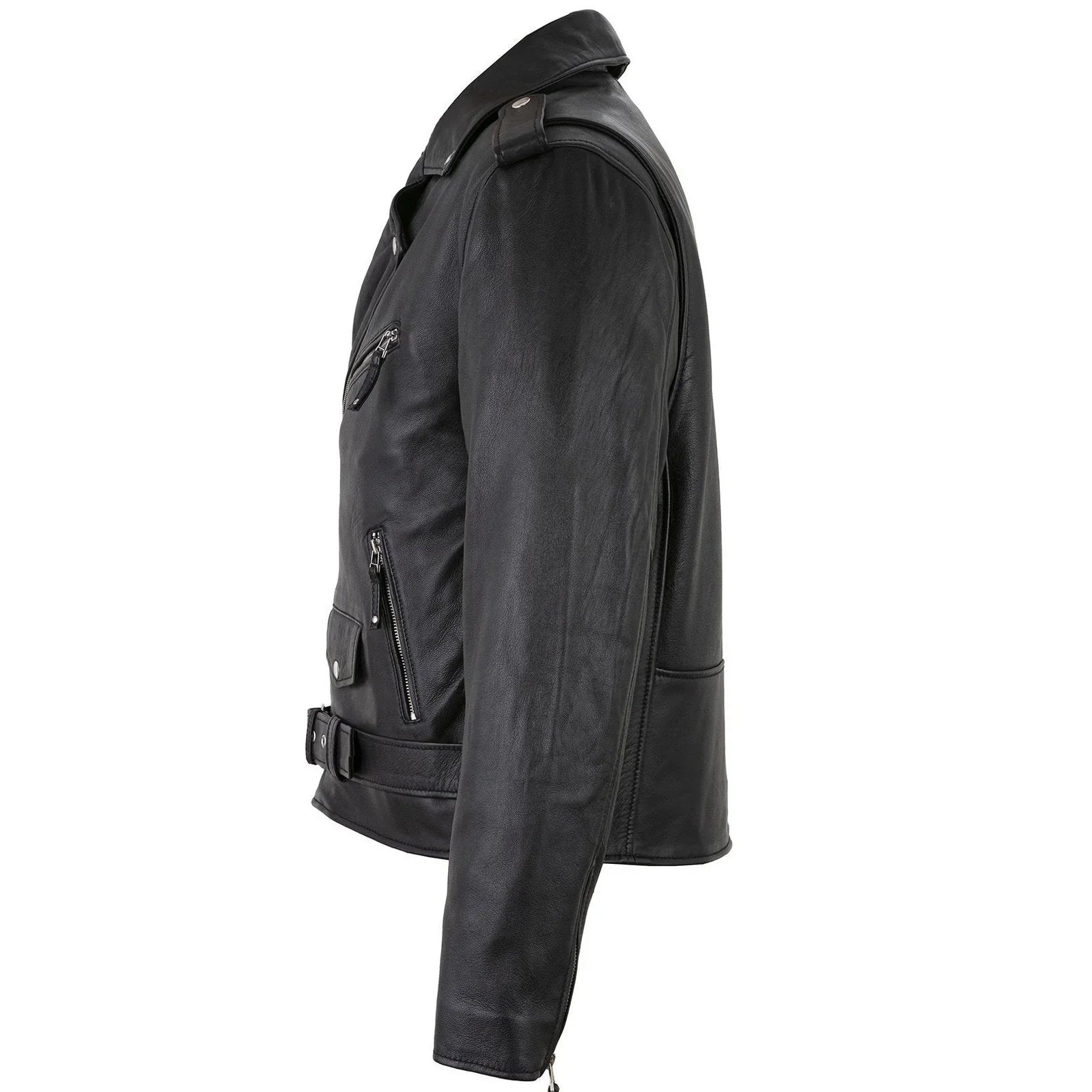 Men's Belted Cross Zip Brando Biker Black Leather Jacket