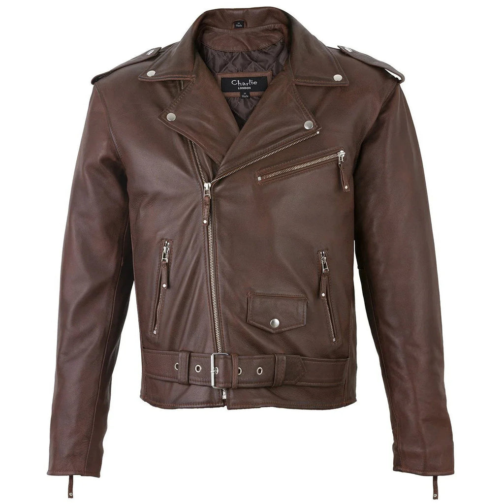 Men's Belted Cross Zip Brando Biker Brown Leather Jacket