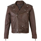 Men's Belted Cross Zip Brando Biker Brown Leather Jacket