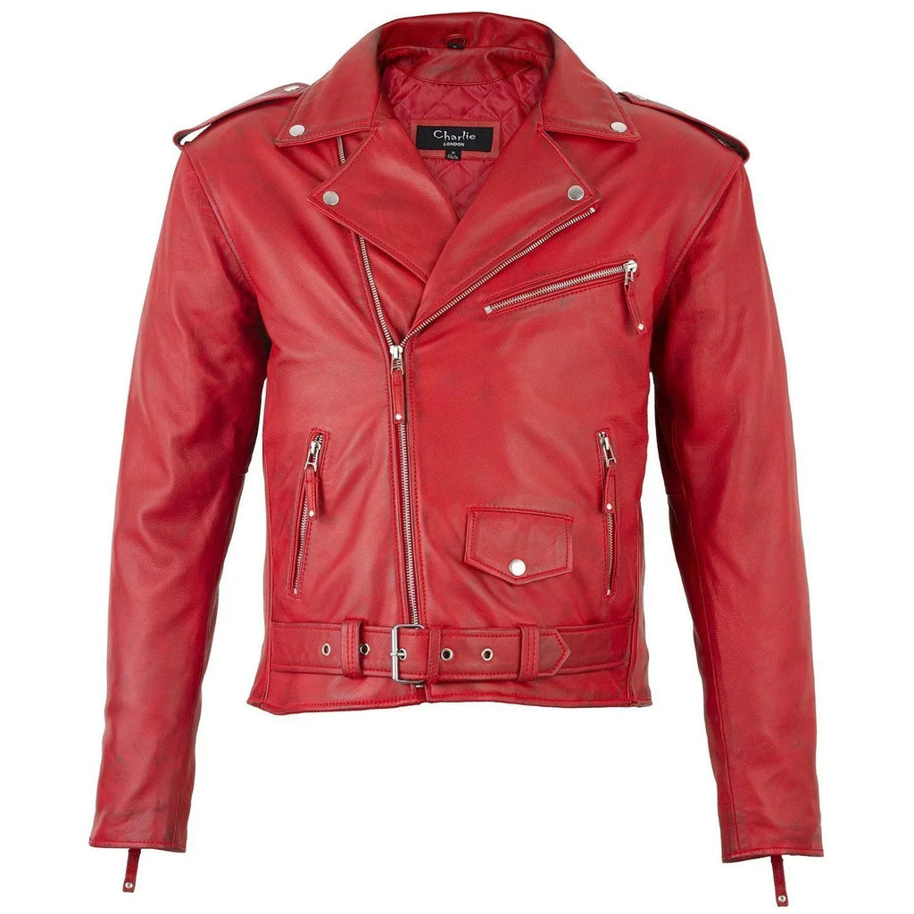 Men's Belted Cross Zip Brando Biker Red Leather Jacket