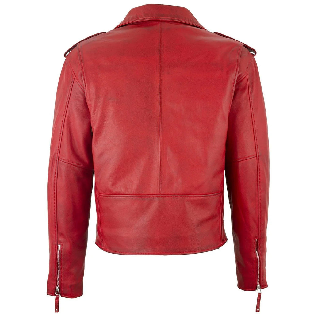 Men's Belted Cross Zip Brando Biker Red Leather Jacket