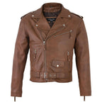 Men's Belted Cross Zip Brando Biker Tan Leather Jacket