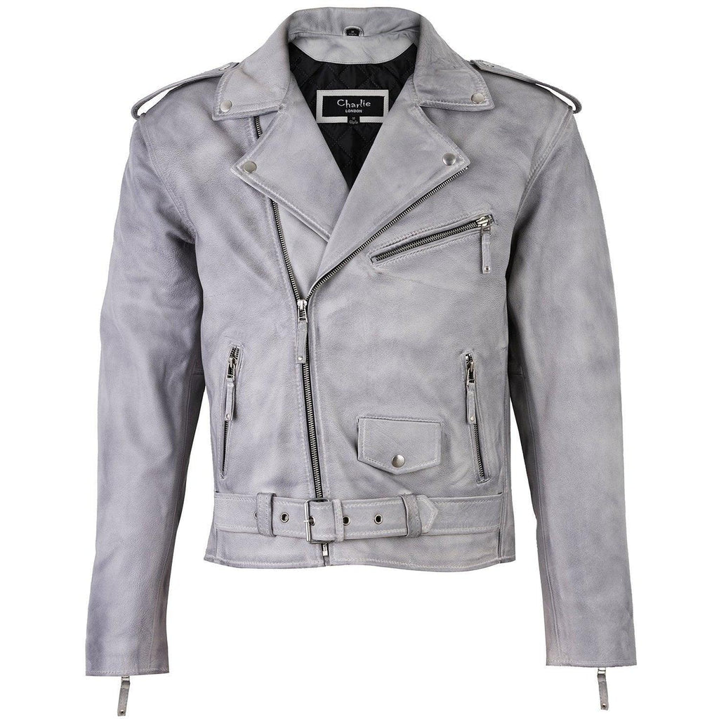 Men's Belted Cross Zip Brando Biker White Leather Jacket