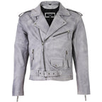 Men's Belted Cross Zip Brando Biker White Leather Jacket