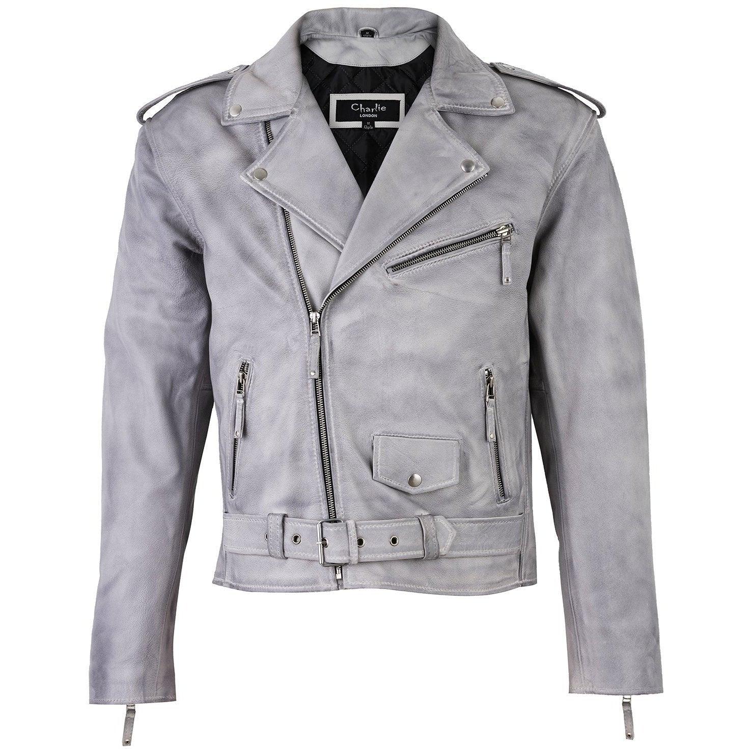 Men's Belted Cross Zip Brando Biker White Leather Jacket