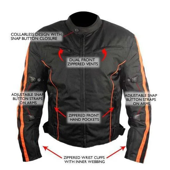 Mens Black and Orange Fabric Textile Armoured Motorcycle Jacket Biker Double Lin