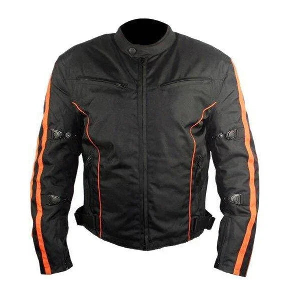 Mens Black and Orange Fabric Textile Armoured Motorcycle Jacket Biker Double Lin