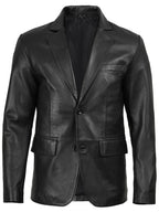 Men's Two Button Black Leather Blazer