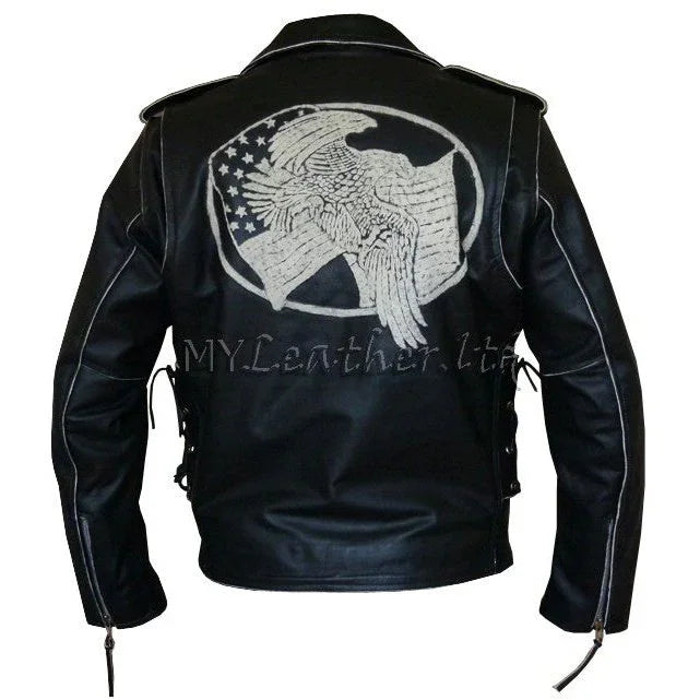 Men's Black Leather USA Eagle Embossed Motorcycle Jacket