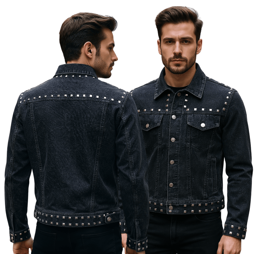 Men’s Black Studded Denim Jacket | Rock-Inspired Premium Outerwear