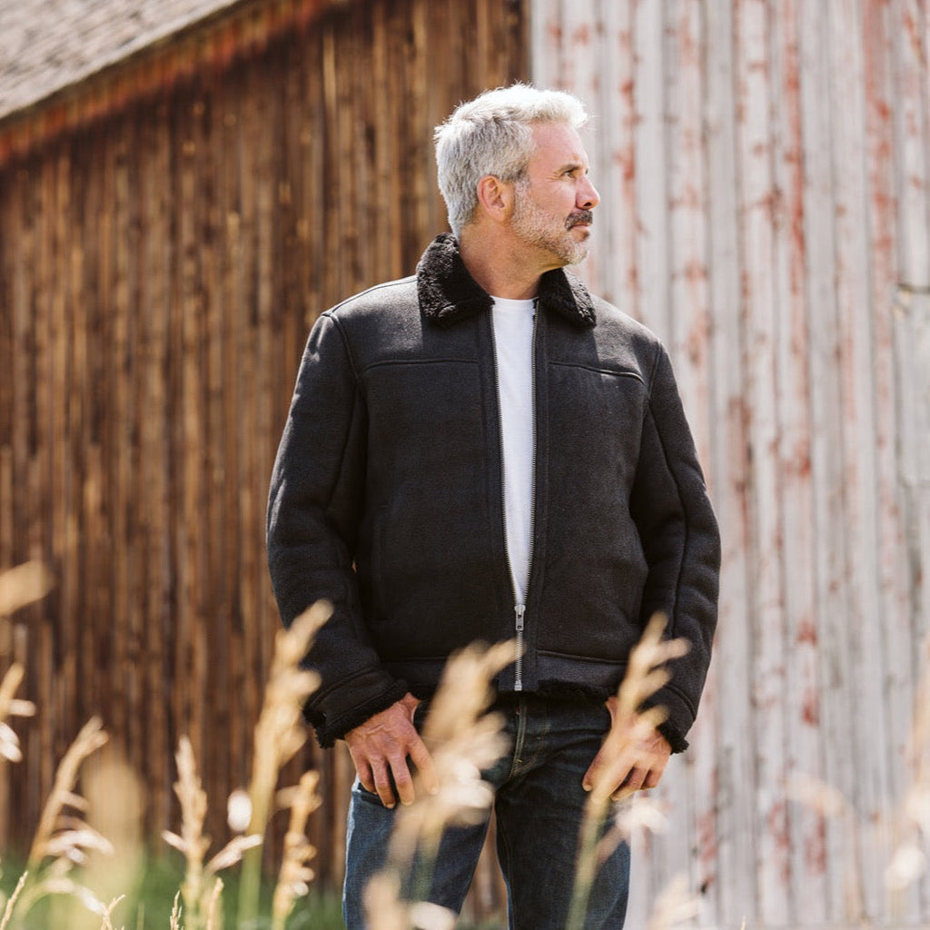 Shearling Leather Bomber Jacket | Black