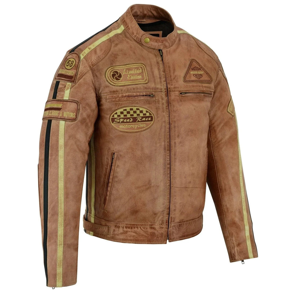 Mens British Motorcycle Black Wax Leather Badges Jacket Biker Tan Green Striped