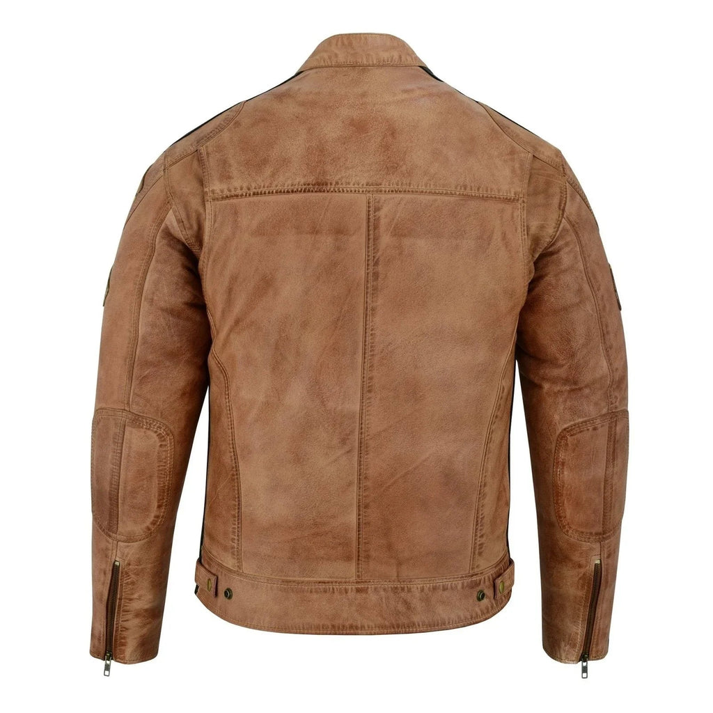 Mens British Motorcycle Black Wax Leather Badges Jacket Biker Tan Green Striped