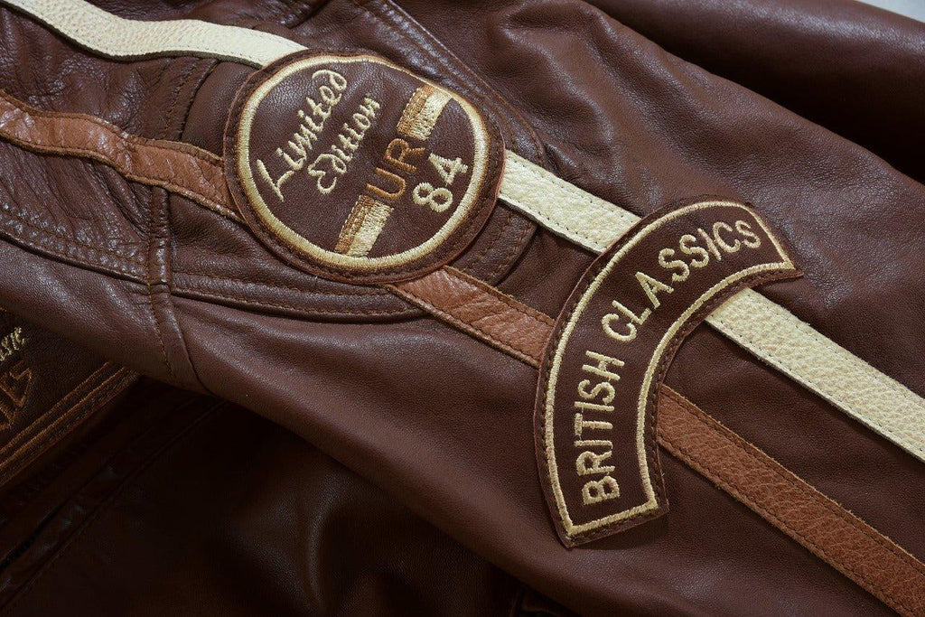 Mens British Motorcycle Black Wax Leather Badges Jacket Biker Tan Green Striped