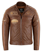 Mens British Motorcycle Black Wax Leather Badges Jacket Biker Tan Green Striped