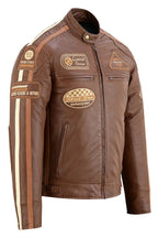 Mens British Motorcycle Black Wax Leather Badges Jacket Biker Tan Green Striped