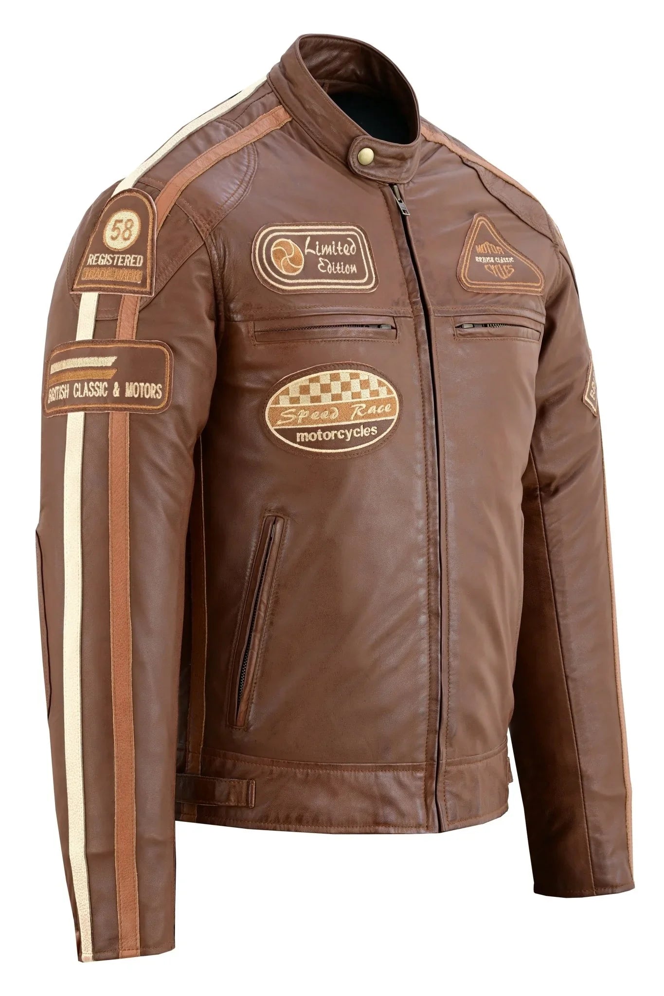 Mens British Motorcycle Black Wax Leather Badges Jacket Biker Tan Green Striped