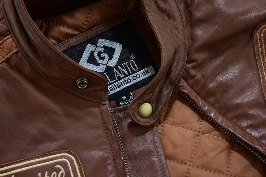 Mens British Motorcycle Black Wax Leather Badges Jacket Biker Tan Green Striped