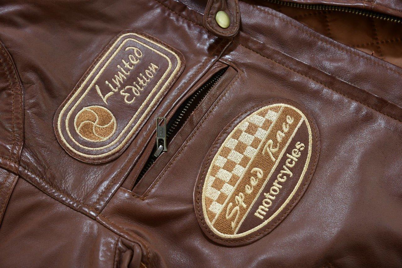 Mens British Motorcycle Black Wax Leather Badges Jacket Biker Tan Green Striped