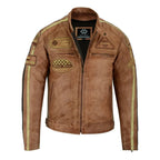 Mens British Motorcycle Black Wax Leather Badges Jacket Biker Tan Green Striped
