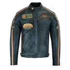 Mens British Motorcycle Black Wax Leather Badges Jacket Biker Tan Green Striped