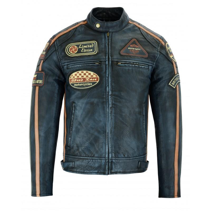 Mens British Motorcycle Black Wax Leather Badges Jacket Biker Tan Green Striped