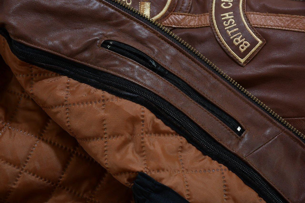 Mens British Motorcycle Black Wax Leather Badges Jacket Biker Tan Green Striped
