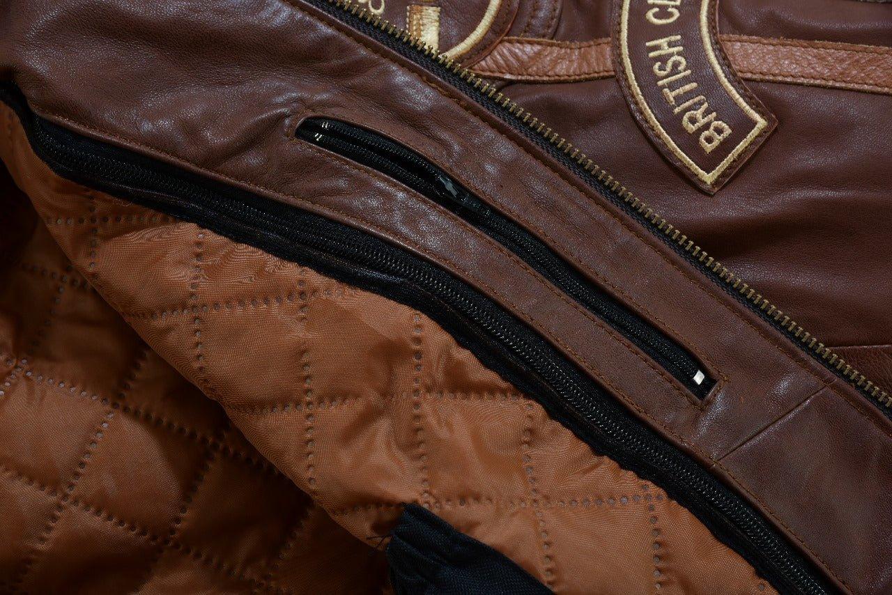 Mens British Motorcycle Black Wax Leather Badges Jacket Biker Tan Green Striped