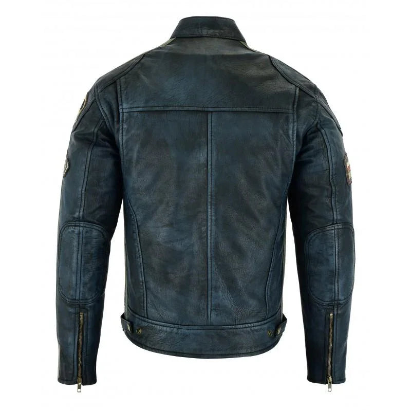 Mens British Motorcycle Black Wax Leather Badges Jacket Biker Tan Green Striped