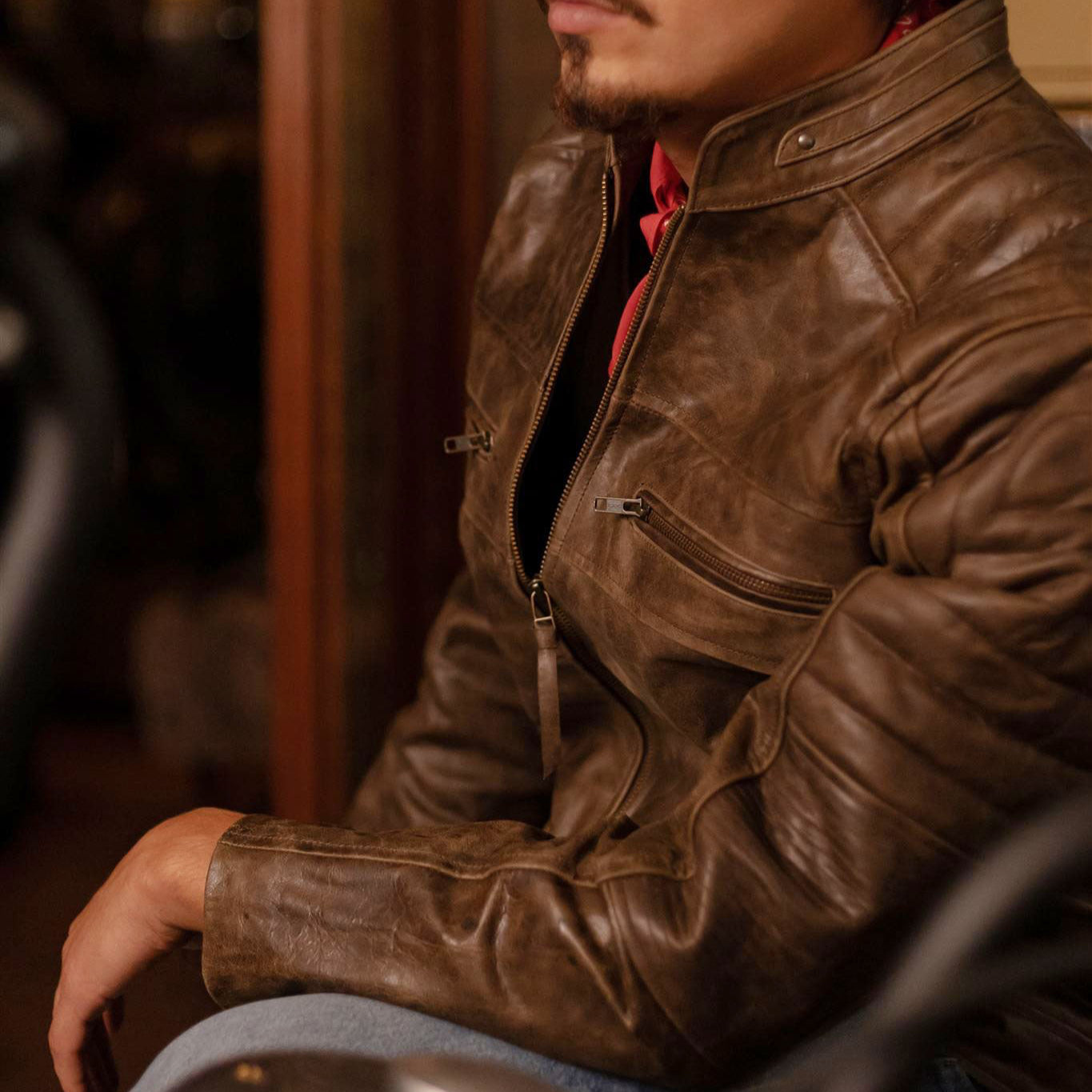 Cafe Racer Leather Jacket | Distressed Brown