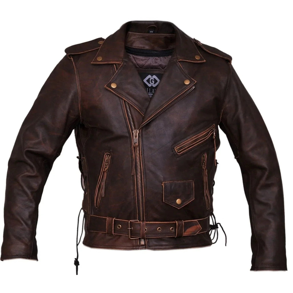 Mens Brown Distressed Leather Marlon Brando Biker Motorcycle Armoured Jacket YKK
