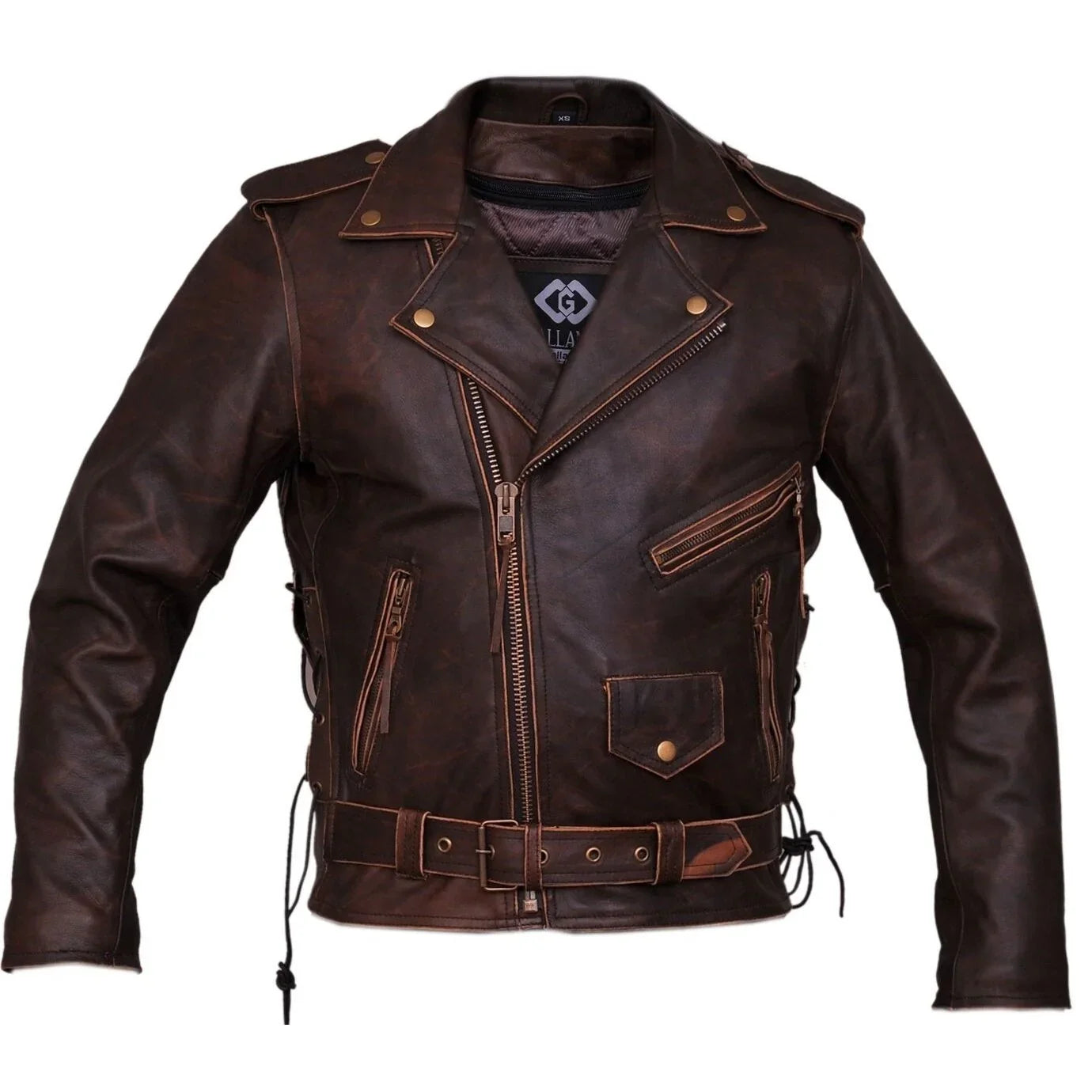 Mens Brown Distressed Leather Marlon Brando Biker Motorcycle Armoured Jacket YKK