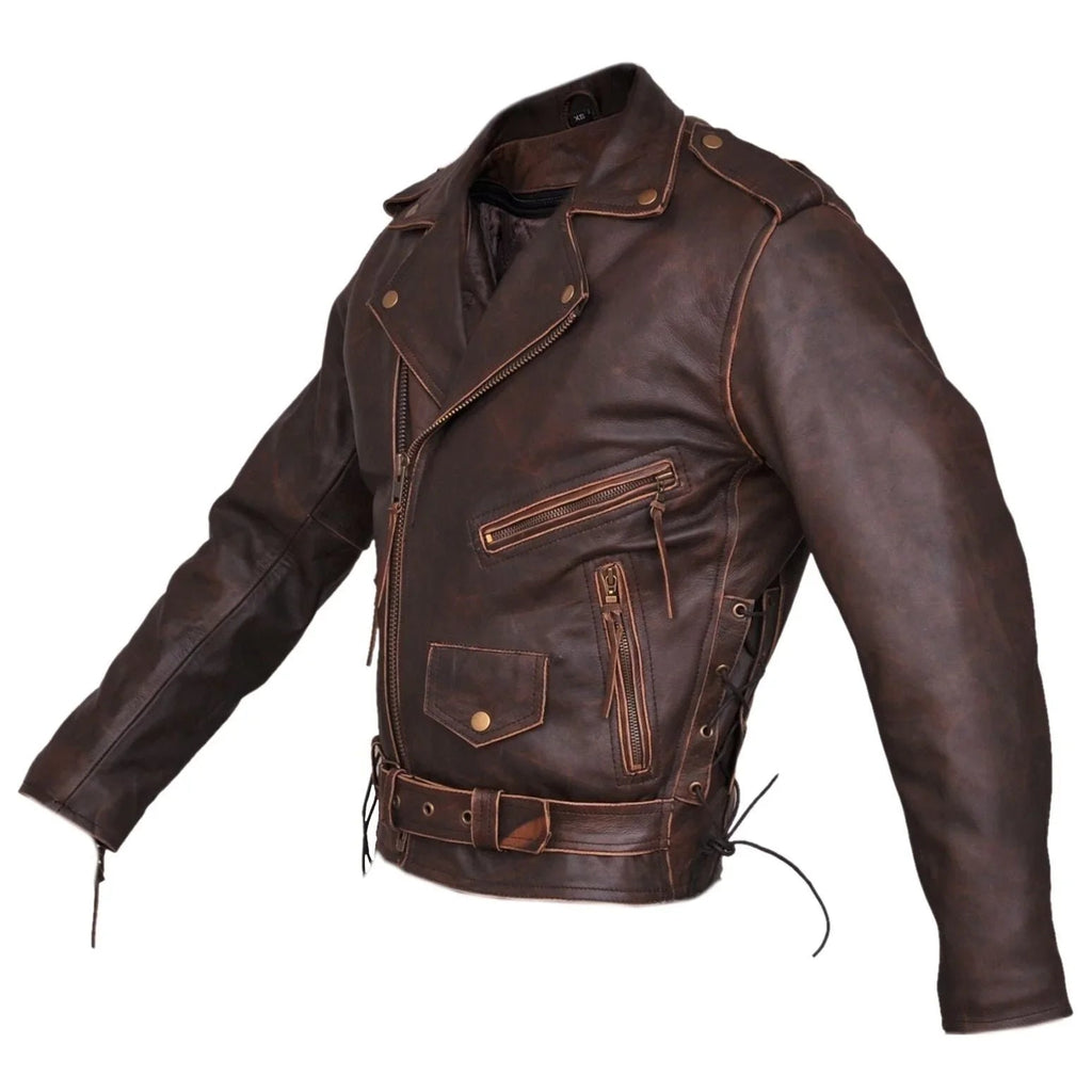 Mens Brown Distressed Leather Marlon Brando Biker Motorcycle Armoured Jacket YKK