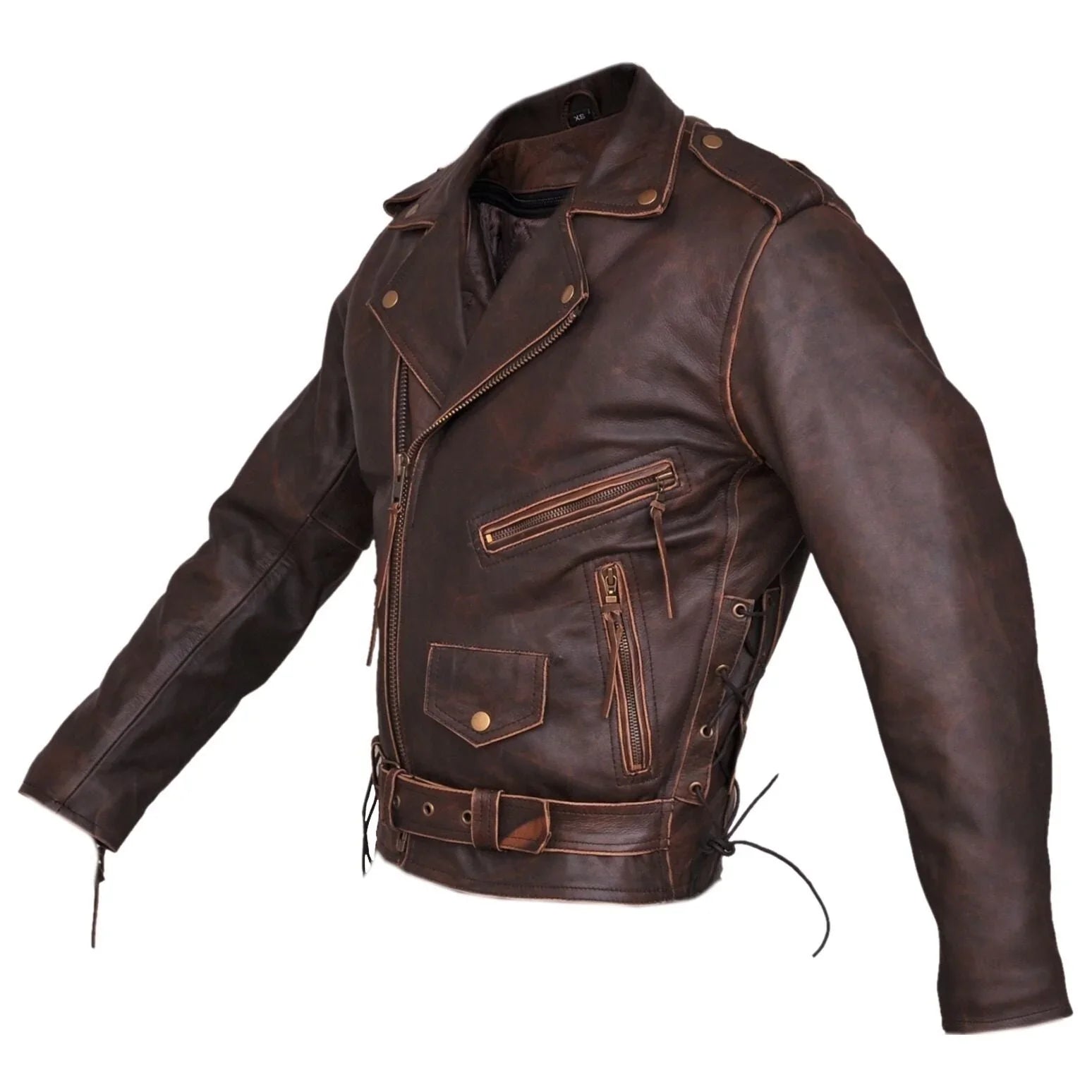 Mens Brown Distressed Leather Marlon Brando Biker Motorcycle Armoured Jacket YKK