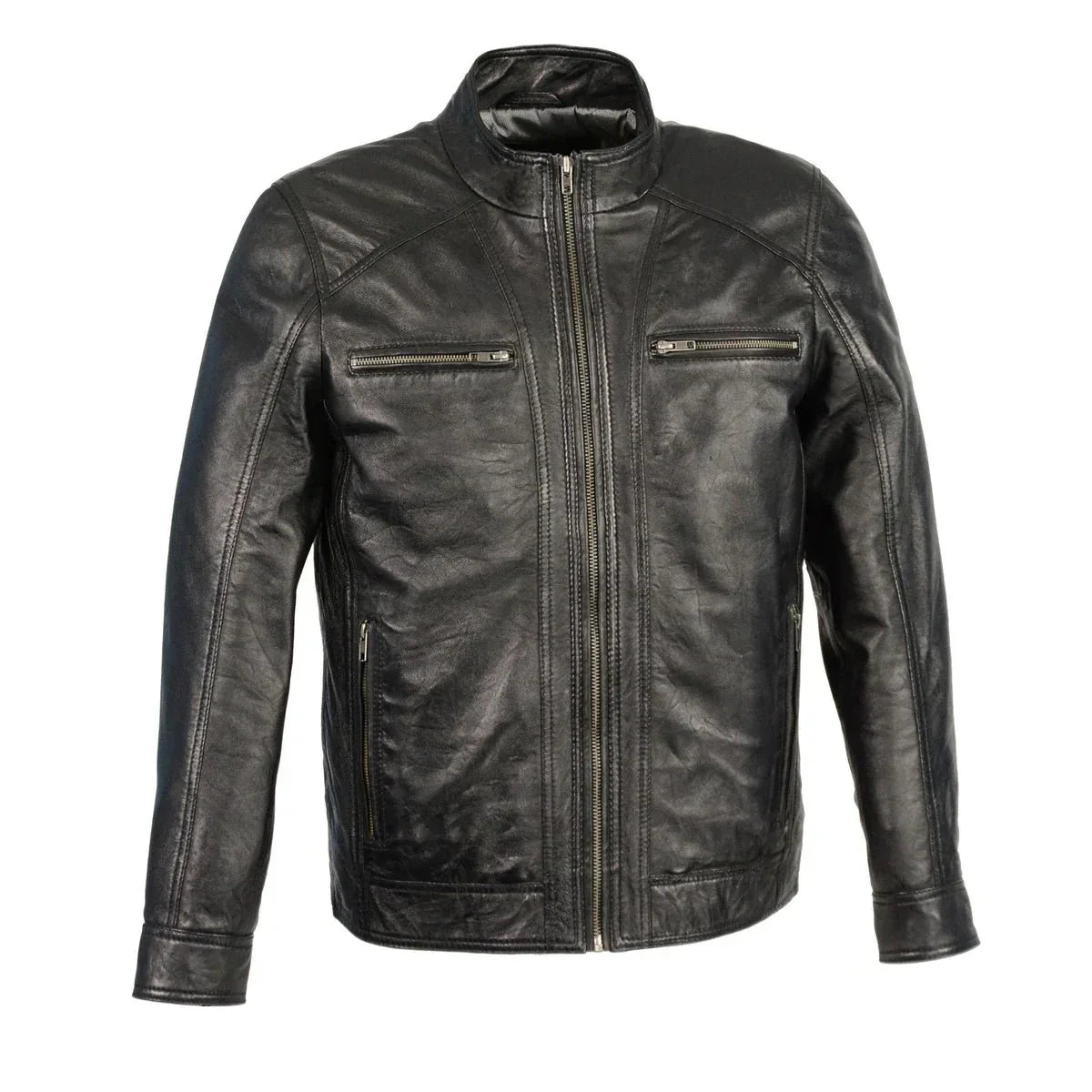 Mens Brown Leather Jacket with Front Zipper Closure
