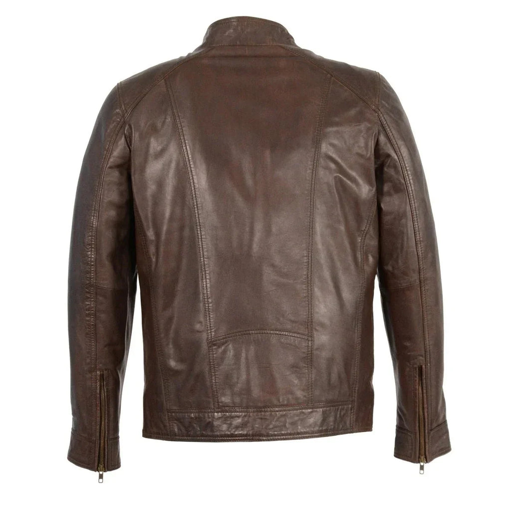 Mens Brown Leather Jacket with Front Zipper Closure