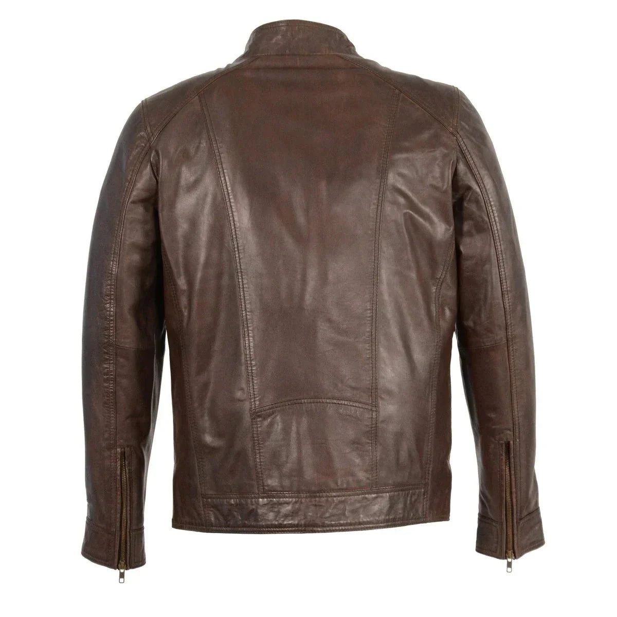Mens Brown Leather Jacket with Front Zipper Closure