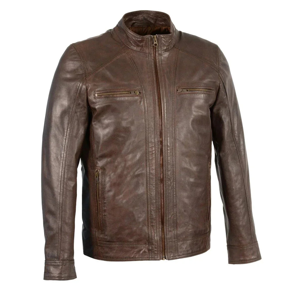 Mens Brown Leather Jacket with Front Zipper Closure