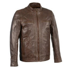 Mens Brown Leather Jacket with Front Zipper Closure