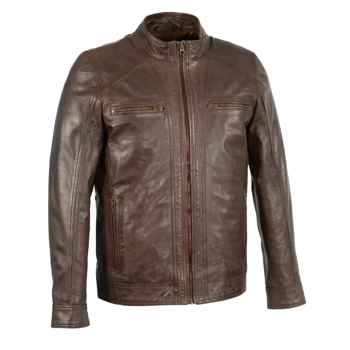 Mens Brown Leather Jacket with Front Zipper Closure