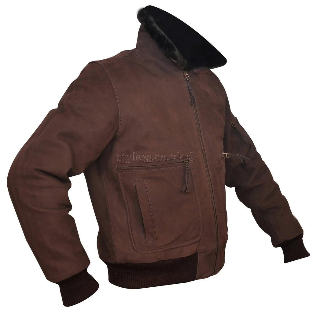 Men's Brown Nubuck Leather Fur Bomber Pilot Jacket