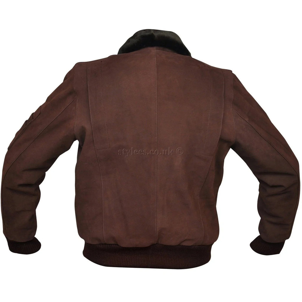 Men's Brown Nubuck Leather Fur Bomber Pilot Jacket