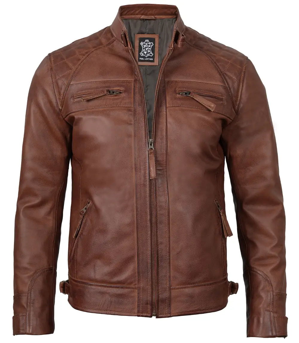 Mens Tall Cognac Brown Cafe Racer Style Leather Jacket