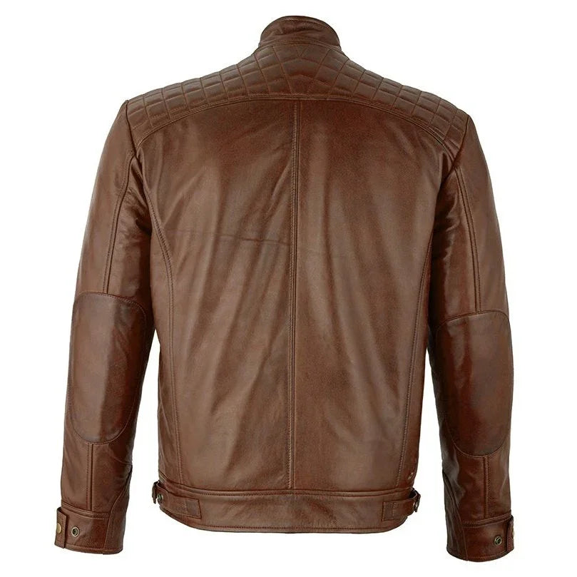 Mens Brown Zipped Diamond Leather Jacket