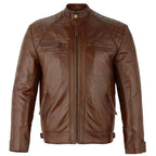 Mens Brown Zipped Diamond Leather Jacket