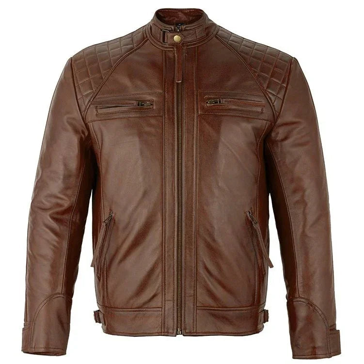 Mens Brown Zipped Diamond Leather Jacket