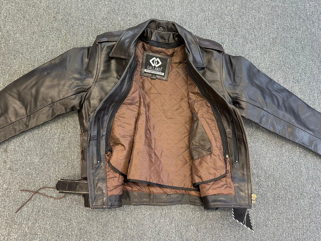 Men's BrownLeather Brando Motorcycle Riders Jacket Full Belt